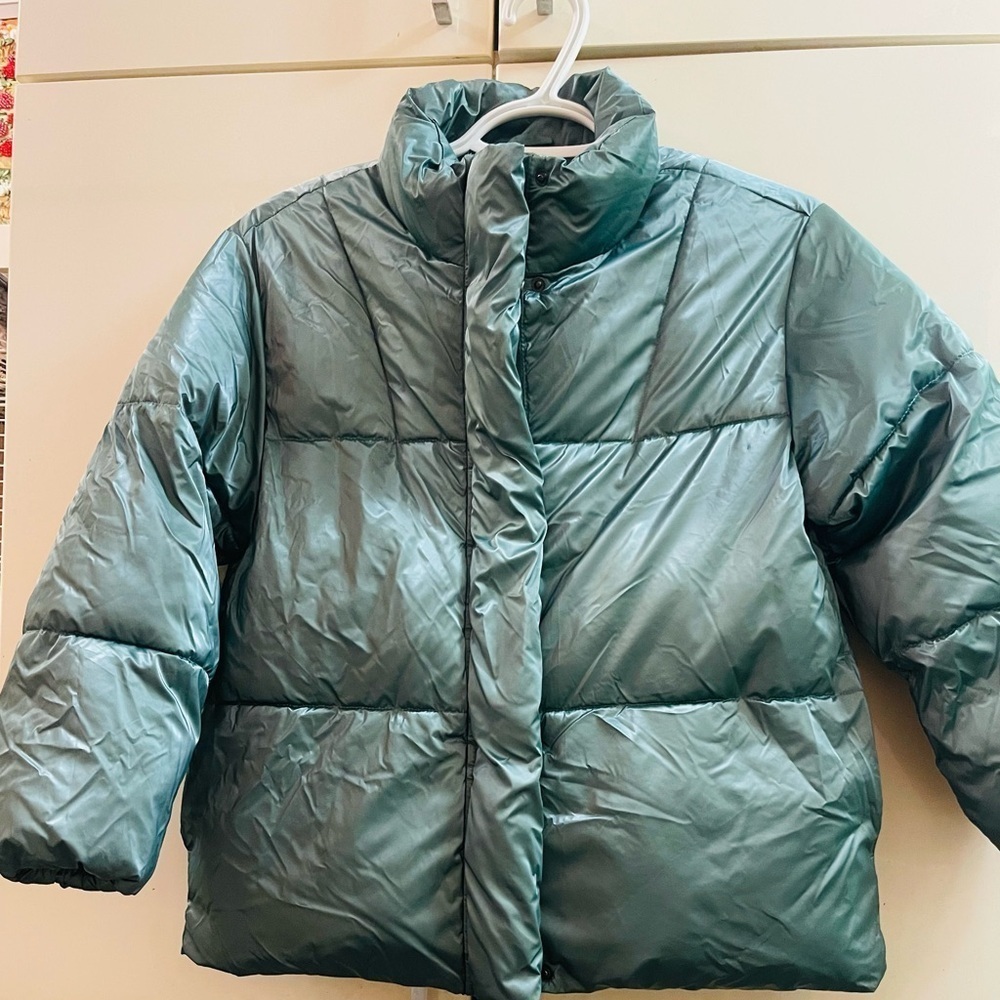 Zara Green Clover Metallic Waterproof Puffer Jacket Size 9 134 Cm Zip Coat